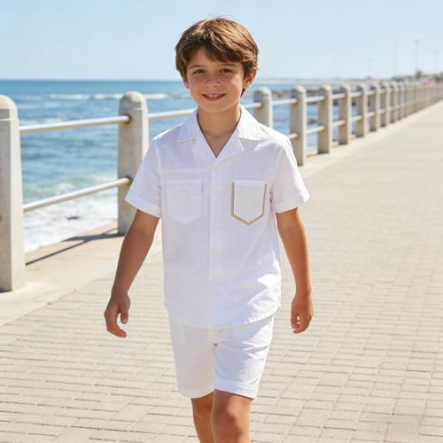 Image of LOLANTA Boys 2 Pieces Linen Set kids Short Sleeve Button Down Shirt and Shorts Summer Vacation Outfits