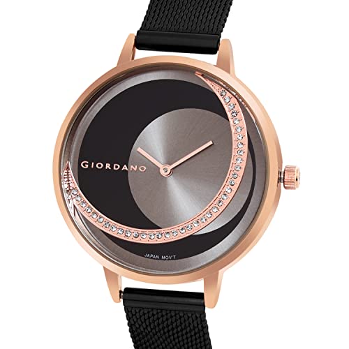 Image of Giordano Black Analogue Watch for Women with Rose Gold Case and Black Stylish Mesh Band Ladies Wrist Watch with Studds on Dial to Complement Your Party Look, Gift for Women