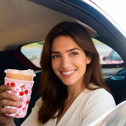 Image of Reusable Insulated Sleeve for Iced Coffee Cup, Coffee Neoprene Sleeve for Cold & Hot Drinks, Beverage Holder for Iced Coffee (Cherry Gleam, Medium: 22-24oz)