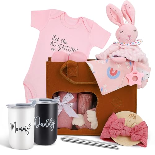 Eirolace Set de Regalo Bebe Recien Nacido Niñas, Canastilla Bebé Recién Nacido 13 en 1 con Mameluco, Edredón, Taza, Manta, Babero, Calcetines y Guantes, Regalo Baby Shower para Niñas