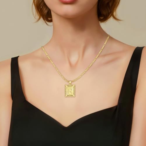 D&K Essentials Initial Necklace for Women and Men 14K Gold Plated Square Letter Pendant with A - Z Capital Monogram on Figaro Chain, Stylish and Hypoallergenic Jewelry3