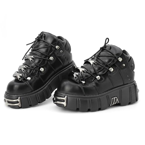 Kluolandi Women's Metal Platform Goth Boots Punk Style Lace-up Combat Boots Ankle Bootie Black Gothic Biker Boots