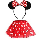 Costume Oreilles Souris, Jupe à Pois avec Bandeau Tutu, Costume de Souris Femme, Tutu Rouge à Points, Kit Déguisement, Rouge, 2 Pièces