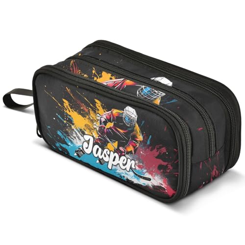 Image of ALAZA Custom Large Pencil Case with Name Ice Hockey Player Splash Pen Pouch Bag Holder Organizer Stationery Bag with 3 Compartments