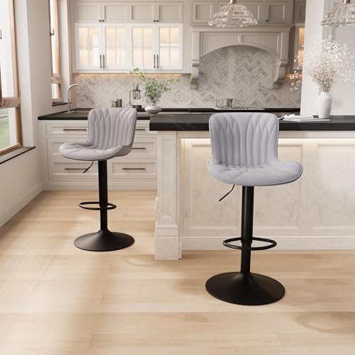 Image of Bar Stools Set of 2 Modern Kitchen Counter Chairs Swivel Barstools Grey | Faux leather upholstered island chairs with backs & metal base. Adjustable Height, easy to clean & load 300 lbs