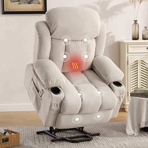 BOSMILLER Power Lift Recliner Chair with Heat and Massage Electric Fabric Recliner Chair for Elderly with Side Pocket, USB Charge Port, Remote Control for Living Room (Cream) Cover