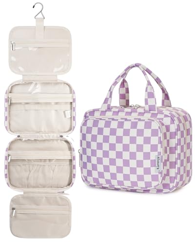 Narwey Kariert Kulturbeutel Damen Kulturtasche zum Aufhängen Waschtasche Kosmetiktasche Groß Waschbeutel Kosmetik-Organizer für Damen Mädchen(Gitter Lila(Groß))