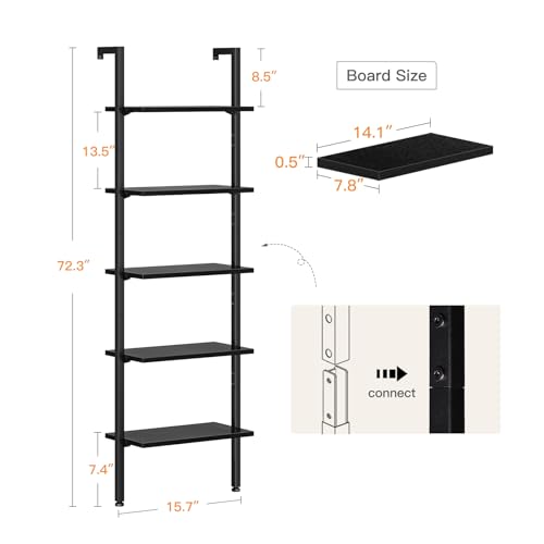 image for ODK Ladder Shelf, 5 Tier Black Bookshelf, 72 Inch Wall Mounted Book Sh