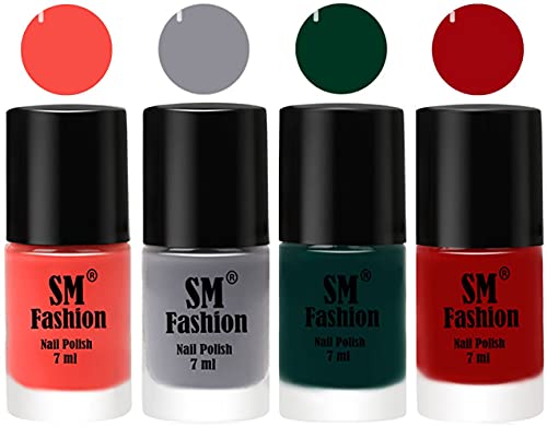Image of Nail Polish Combo Set (Pack of 4) Quick Dry Gel Finish Nail Paint | Coral,Gray,Dark Green,Light Red | 7 ml Each