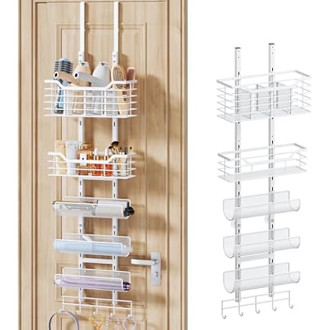 Consmest 6-Tier Hair Tool Organizer - Hair Dryer Holder Over The Door/Wall Mounted DIY Adjustable Shelf Bathroom Hair Styling Tool Organizer with Hook for Curling Iron/Blow Dryer/Straightener White Cover