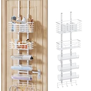 Consmest 6-Tier Hair Tool Organizer – Hair Dryer Holder Over The Door/Wall Mounted DIY Adjustable Shelf Bathroom Door Organizer with Hook for Curling Iron/Blow Dryer/Straightener White