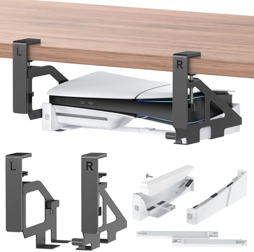 No-Drill PS-5/PS-5 Slim Mount Under Desk, Metal & Plastic PS5 Holder Kits Compatible with P5 Digital & Disc, PS5 Desk Mount with Clamp Mount, Long and Short Screw Included