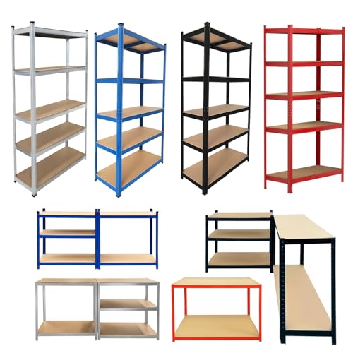 Scaffali regolabili in acciaio a 5 ripiani per carichi pesanti, sistema di scaffalatura senza bulloni per garage e stoccaggio industriale, 70 x 30 x 150 cm, capacità 175 kg per ripiano, scaffale blu