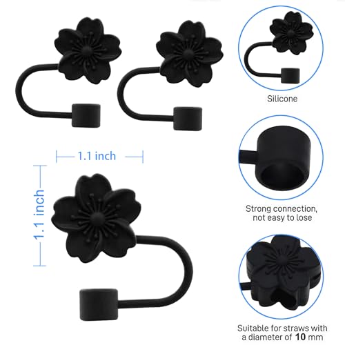Image of Flower Silicone Straw Cover Cap for Stanley Cup,Straw Topper 10mm 0.4in Dust-Proof Reusable Straw Tips Lids,Straw Tip Covers Gift for Party Decor (Black Cherry blossom 4pcs)