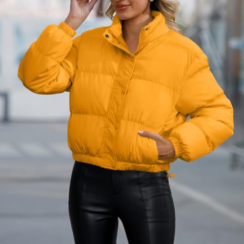 fartey Short Puffer Jacket Women Zip Snap High Neck Jacket Warm Winter Coat - image 4