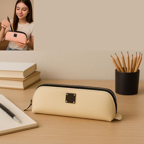 Image of ZAFCO Vegan Leather Pencil Case for Girls | Pen Box Large Capacity | Multiuse Portable Pouch for Office School and College | Pencil Bag Stationery Accessory Organizer 1 Unit (Beige)