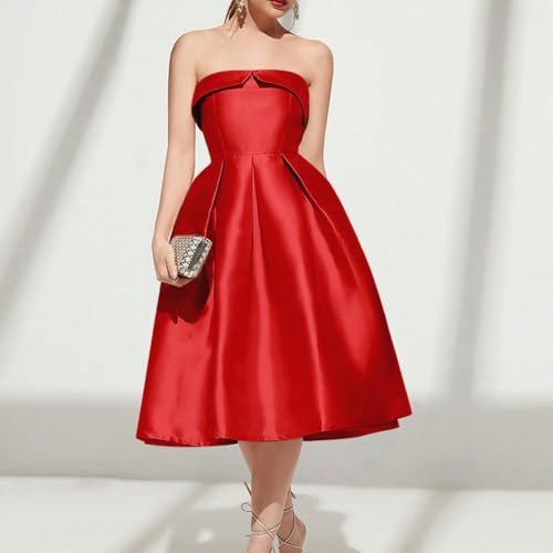 Image of Strapless Satin A-Line Cocktail Dress for Women - Elegant Prom, Wedding,Formal Evening Gown with Pleated Skirt