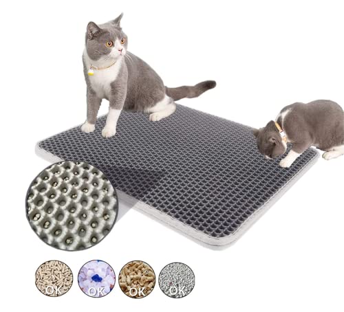 Premium Cat Litter Mat, Cat Litter Box Mat Scatter Control, Waterproof Double Layer (Gray, L)