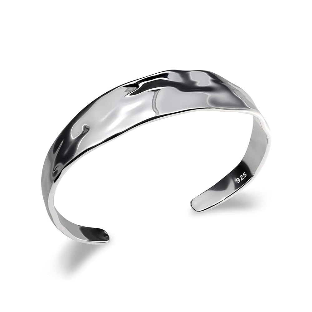 XFSRG Brazalete Plata Mujer 925 Cuff Ancho Martillado Vintage pulseras Abierto en Plata Textura Artesanal Joyería Statement Punk y Retro