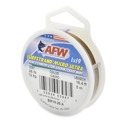 American Fishing Wire Surfstrand Micro Ultra, Bare 1x19 Stainless Steel Leader Wire, 26 lb Test, 0.012" Diameter, Camo, 5 m