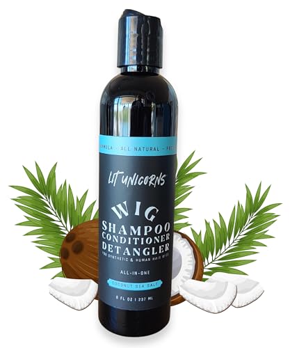 LIT UNICORNS All Natural Wig Conditioning Shampoo Detangler Refresh, Made In USA, for Synthetic and Human Hair Wigs All Natural Vegan Fresh Scent All-in-One Step Shampoo (Coconut)