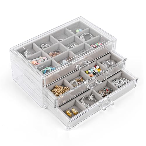 Euakee 3 Cajones Organizador de Joyas, Acrílico Transparente Caja con Terciopelo, Ideal para Aretes, Anillos, Collares, Pulseras y Regalos para Mujeres