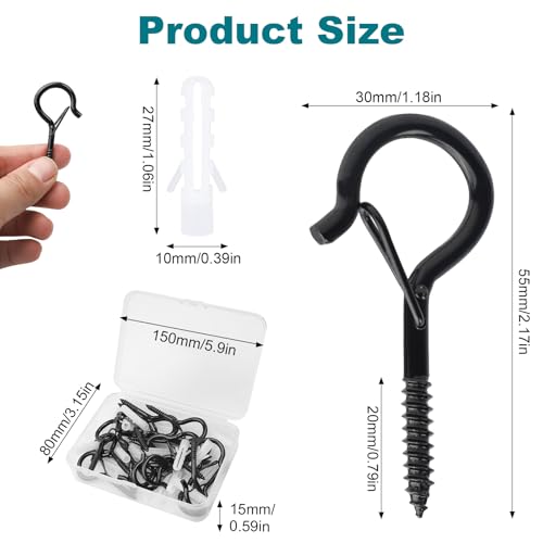 UNINGYI 20 Stück Schraubhaken, Haken zum Schrauben, Schraubhaken Klein Edelstahl Hakenschrauben mit Sicherung, Schraubhaken Schwarz Wandhaken, Deckenhaken für Pflanzenkörbe Windspiele und Lichter