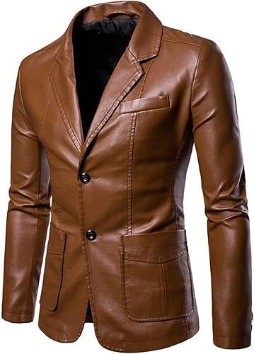chava Men's Leather Blazer Jacket, Brown, Two-Button Slim Fit, Notch Lapel with Pockets-picture-47