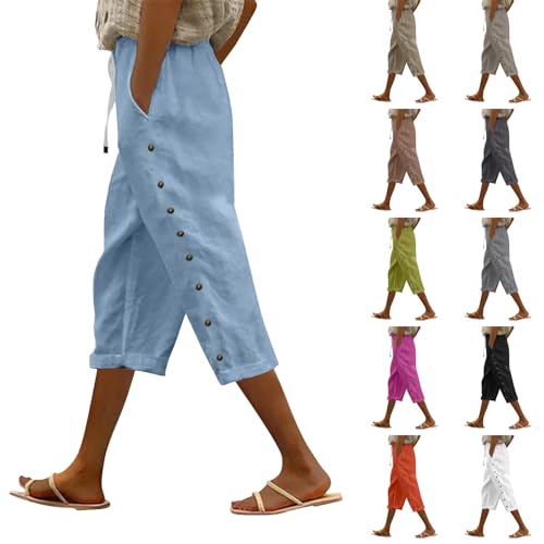 Linen Pedal Pushers for Women Lightweight Summer Side Buttons Linen Capri Pants Casual Elastic Waist Gauze Pants 2025