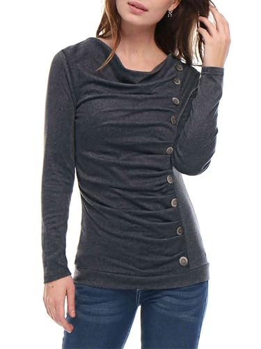 Allegra K Women's Cowl Neck Tops Long Sleeve Buttons Decor Tuinc Shirts Ruched Top X-Large Dark Gray
