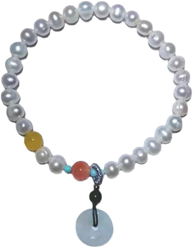 Women Freshwater Pearl Bracelet Chalcedony Donut Pendant with Carnelian Gemstone Handmade Jewelry Birthday Gift for Her 6.7inch