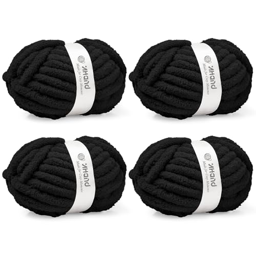 Image of Inhand Chunky Chenille Yarn for Hand Knitting,Thick Bulky Blanket Yarn for Crocheting,Soft Fluffy Yarn for Crochet Birthday Gifts for Men /Women /Beginners,4 Pack (29.5Yds /8.4oz Each),Jet Black