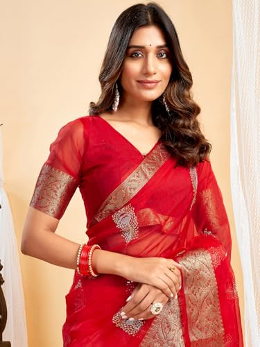 Image of Satrani Women's Organza Sequins Embroidery Jacquard Saree with Unstitched Blouse Piece