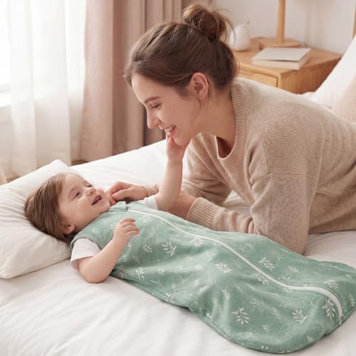 Image of Duomiaomiao Baby Sleep sack 1.0 Tog, 2 Pack Cotton Baby Sleeping Bag All Years Round, Wearable Blanket Unisex Toddler Newborn Sleep Bag 0-6 Months, Green Leaves