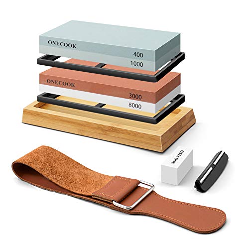 ONECOOK Knife Sharpening Stone Set 400/1000 3000/8000, Complete 4 Side Grit Whetstone Sharpening Kit, with Non-slip Bamboo Base, Flattening Stone, Angle Guide and Polishing Leather Strop