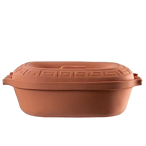 KADAX Ovaler Tonbräter, Keramiktopf mit Deckel und Seitengriffen, Dampfgarer aus natürlichen Materialien, Auflaufform für fettfreies Kochen, Brätertopf (5L)