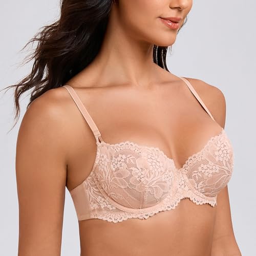Image of MELENECA Women's Balconette Floral Lace Unlined Lift Underwire Bra | Sheer unlined feel, sexy lift shape,Convrtible Straps, Push up effect, supportive wire fit, ideal for low-cut and daily wear