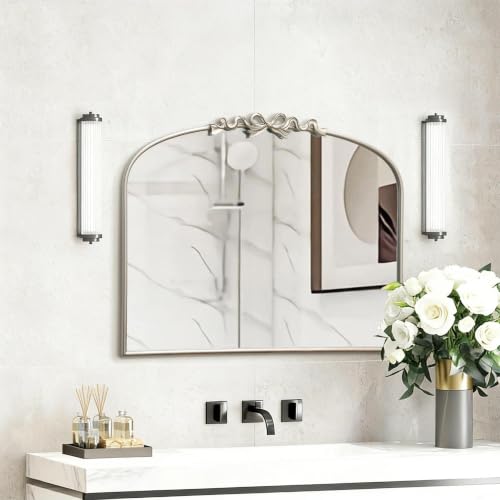 Image of Besdomus Vintage Arched Large Mirror: 36 inchx29 inch Silver Bow Decorative Mirror | French Baroque Metal Framed - Traditional Ornate for Entryway /Fireplace /Bathroom /Living Room - Ideal for Home Renovations