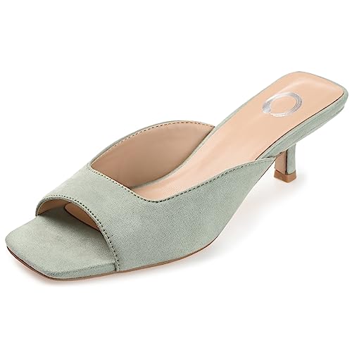 Journee Square Open Toe Kitten Heel Pump for Women - Larna Slip-On Heeled Fashion Sandal, Sage, 10