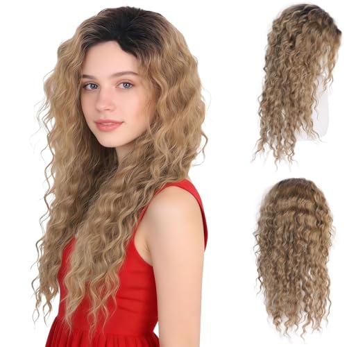 Image of GNIMEGIL 26 Inch Long Brown Curly Wigs for Women Black Roots Ombre Brown Wave Curly Hair Layered Fluffy Daily 80s Costume Wig Cosplay Loose Hair Halloween Carnival Party Wig Synthetic