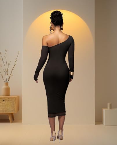 Image of Women's Long Sleeve Mesh Dress - Bodycon Off Shoulder Mesh Ruched Cocktail Club Maxi Dresses