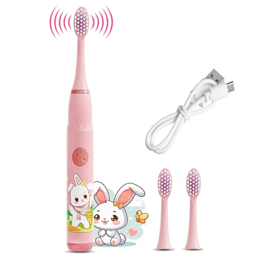 Image of Obvie Sonic Electric Kids Toothbrush with 4 Brushing Modes, 19000 Strokes per minute, IPX7 Waterproof, Soft Nylon Bristles, Rechargeable Battery, Electric Power Tooth Brush, 3 Heads (Pink)