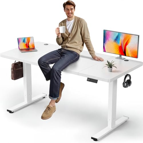 DeskShow White 63x30 in Electric Standing Desk, 1 Inch Thick Tabletop