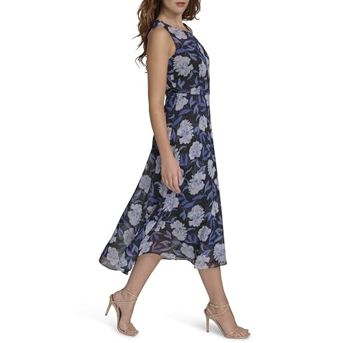 Image of Tommy Hilfiger Women's Sleeveless Keyhole Neck Chiffon Belted Hi-Lo Midi Dress