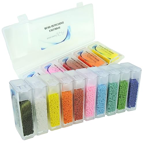 Set of 10 Colors - Miyuki Size 11/0 Round Seed Beads 100 Grams - Basic Opaque Collection in Flip-Top Containers and Plastic Storage Box