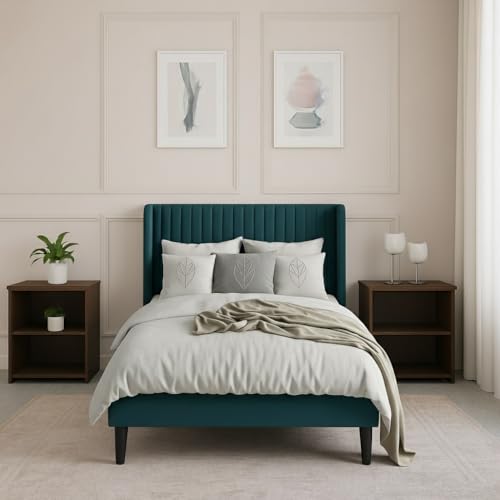 Image of Modern Upholstered Single Size Bed Without Storage | Single Size Bed for Bedroom with Headboard | Palang Furniture for Guest Room, Hotels and Home | Bottle Green, (Bottle Green)