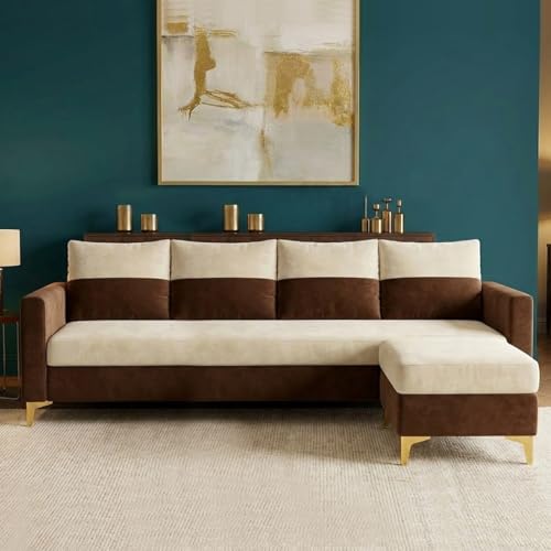 Image of FURNY Canvora 5 Seater L Shape Sofa Set with Movable Ottoman | Flexible Left or Right Layout | Plush Velvet Fabric (Cream-Brown) | Perfect for Living Room, Guest Room & Office