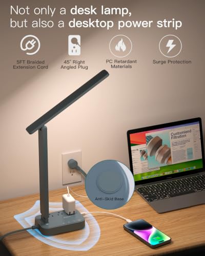 Image of Addtam LED Desk Lamp, Power Strip with 3 Outlets 4 USB Charging Ports(2 USBC), 4 Modes 5 Level Brightness Touch Lamp, Small Desk Lamp for Home Office College Dorm Room Essentials, Blue
