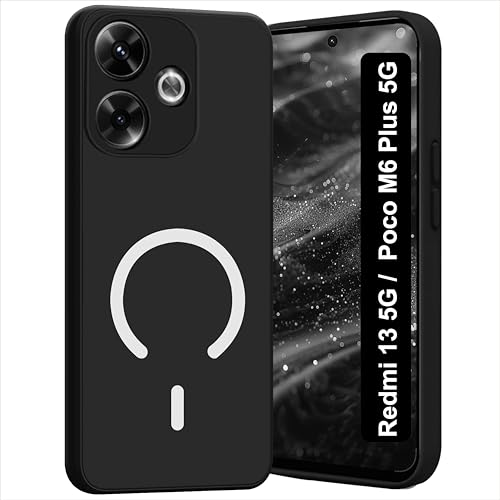 Image of SBMS Silicone Back Cover Case for Redmi 13 5G /Poco M6 Plus | Soft Micro-Fibre Lining Inside | Magsafe Print On Back Side Camera Protection Bump | Shockproof Case For Mi 13 5G (Magsafe Print Big Black)