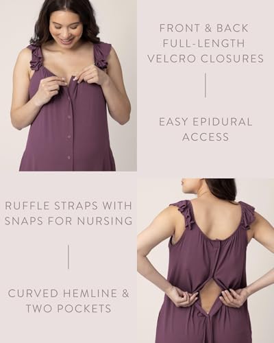 Image of Kindred Bravely Ruffle Strap Labor and Delivery Gown for Birthing & Nursing | Soft maternity hospital gown with velcro for monitoring, epidural, skin-to-skin contact, breastfeeding nightgown with pockets